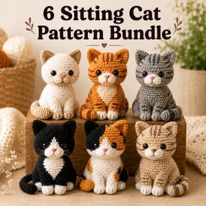 Virkmönsterpaket med 6 sittande katter (PDF), Amigurumi mini-kattungar, enkla virkade leksaksdesigner