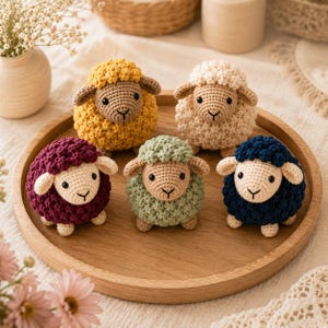May include: Five small crocheted sheep figurines arranged on a round wooden tray. The sheep feature textured wool bodies in mustard yellow, cream, burgundy, sage green, and navy blue, each with a tan face, black eyes, and embroidered mouth.