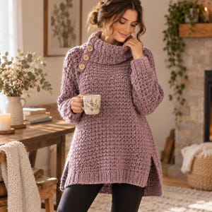 May include: A mauve long-sleeve sweater featuring a chunky knit texture, a high cowl neckline, and three light brown buttons on the right shoulder. The sweater has a relaxed fit with side slits at the hem, providing a comfortable and casual look.