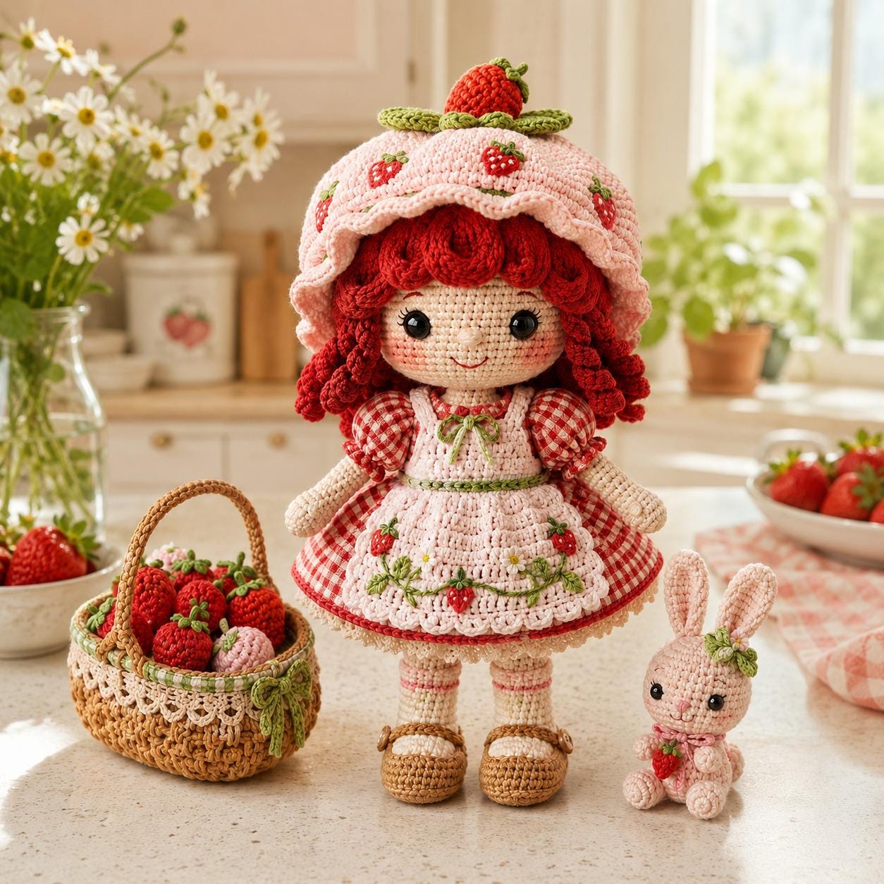 Strawberry Girl Amigurumi Crochet Doll Pattern, Cottagecore Toy with Basket, Bunny (Digital Download