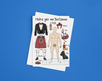 Può includere: Un set di bambole di carta con la scritta "Make yer ain Scotsman". Il set include un kilt, una giacca, calze, scarpe, una bottiglia di scotch, una cornamusa, un berretto scozzese, un cane e una bottiglia di whisky.