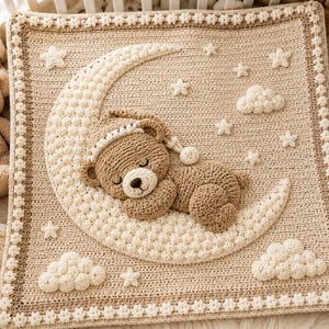 Sleeping Bear Moon Crochet Blanket Pattern (PDF) Puff Stitch Nursery Afghan