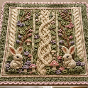Puede incluir: Una manta de ganchillo rectangular con un patrón central de trenzas color crema, flanqueado por paneles verdes con motivos en relieve de dos conejos color crema, varios hongos, enredaderas con hojas y pequeñas flores rosas y moradas.
