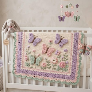Haakpatroon voor een babydeken met vlindertuinmotief | 3D-vlinders, bloemenpatroon voor de babykamer (digitale download)