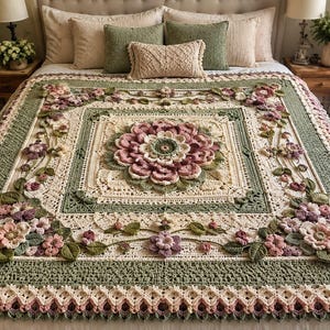 Può includere: Una coperta rettangolare all'uncinetto con un grande motivo floreale centrale nei toni del rosa antico, crema e verde salvia. Il design presenta complessi inserti floreali tridimensionali e motivi a tralci, rifiniti con un bordo smerlato decorativo.