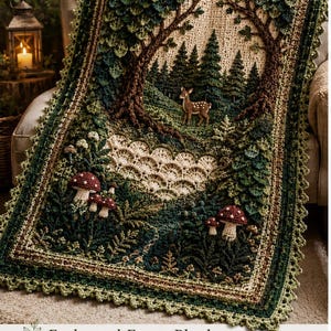May include: A crochet blanket featuring an intricate forest scene with a central deer, pine trees, and mushrooms. The design incorporates textured leaves, shell stitch patterns, and tree bark textures in shades of emerald, fern green, oak brown, and ivory.