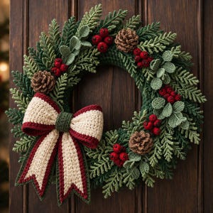 Peut inclure: Une couronne circulaire faite de feuillage vert crocheté, ornée de grappes de petites baies rouges et de pommes de pin marron. Un grand nœud décoratif en fil crocheté crème et rouge foncé est fixé sur le côté inférieur gauche de la couronne.