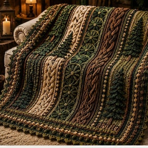 May include: A textured knit blanket featuring vertical panels in shades of forest green, cream, and brown. The design includes raised cable knit patterns, circular floral motifs, and three-dimensional evergreen tree appliques throughout.