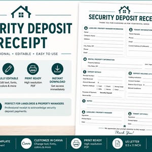 Op de afbeelding: Een afdrukbare ontvangstbewijs sjabloon voor de waarborgsom met een turquoise en wit ontwerp. Het document bevat velden voor informatie over verhuurder en huurder, details van het huurobject en details van de aanbetaling.
