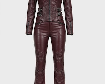 Conjunto de motociclista de bruja de cuero burdeos para Halloween