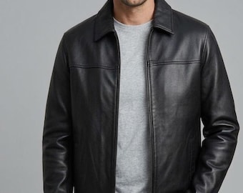 Chaqueta de piel de cordero negra para hombre, corte clásico ajustado, estilo motero, regalo para él.