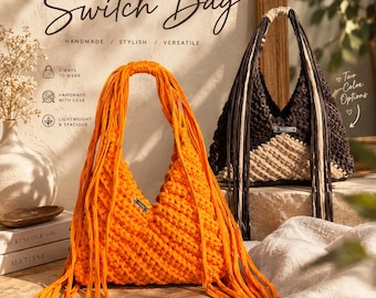 Bolsa Switch – Bolsa de crochê feita à mão, alça ajustável, bolsa de ombro 3 em 1, bolsa para o dia a dia marrom escura