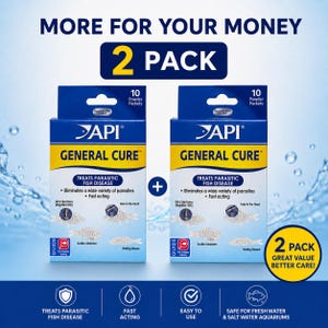 May include: Two-pack of API General Cure, a treatment for parasitic fish disease. Each box contains 10 powder packets. The packaging is blue and yellow, with text indicating it eliminates parasites and is fast-acting.