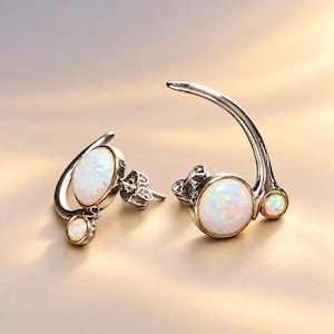 Two-Tone Lab-Grown Opal Ear Climbers, White Rhodium & Gold-Plated Bezel Earrings