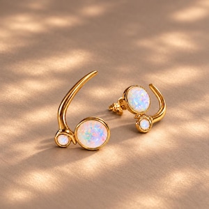 Unique  Gold-Plated Opal Post Earrings, Ear Climbers, Modern Gemstone Jewelry (Lab-Grown)