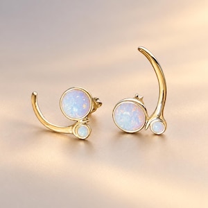 Unique  Gold-Plated Opal Post Earrings, Ear Climbers, Modern Gemstone Jewelry (Lab-Grown)