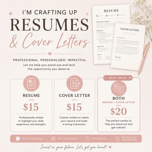 May include: A promotional graphic for resume and cover letter services. The image features the text "RESUMES & Cover Letters" with pricing for individual and combined services. Includes a resume, cover letter, and pen.