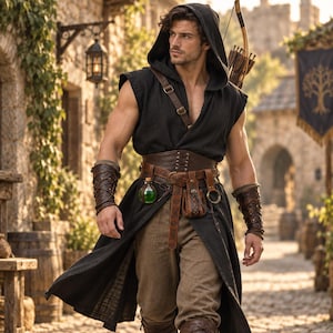 May include: A black sleeveless hooded tunic with a deep V-neckline, paired with brown trousers. The outfit includes a wide brown leather corset-style belt with a small pouch, a green glass potion bottle, and brown leather arm bracers with laces.