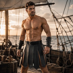 Peut inclure: Un kilt en cuir noir avec une ceinture et une boucle assorties, accompagné de deux poignets en cuir noir ornés de clous argentés. Le kilt présente un design segmenté à panneaux qui descend jusqu'au milieu de la cuisse, porté avec des brassards.