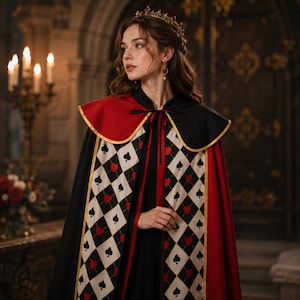 May include: A cape featuring a black and red color scheme with a central diamond pattern panel displaying black spade and red heart symbols. The garment has a solid red and black shoulder yoke with gold trim, a high collar, and a tie closure at the neck.
