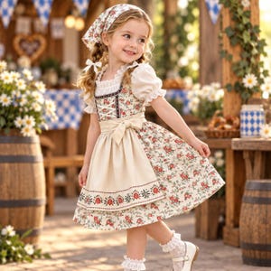 May include: A child wearing a traditional dirndl dress featuring a floral print bodice and skirt, a cream-colored apron with a bow, and short puff sleeves. The outfit includes a matching floral headscarf, white lace-trimmed socks, and white shoes.