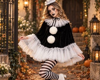 Clownkostuum voor volwassenen, vintage circuscape en hoedenset, damesjurk voor Halloween (Pierrot), zwart-witte harlekijnmantel, griezelige festival- en feestkleding