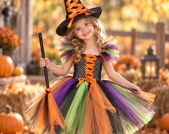 3Pcs Girls Witch Costume with Hat Broom, Toddler Halloween Dress Up Outfit, Kids Tulle Tutu Dress, Orange Purple Black Party Photo Apparel