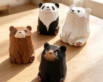 Ensemble de figurines d'ours en bois sculptées à la main, mini statues d'animaux en bois, adorable décoration de bureau, cadeau de collection