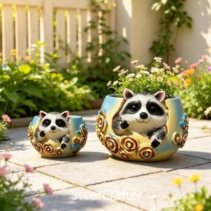 May include: Two round planters featuring a sculpted raccoon face emerging from the front, surrounded by relief-molded roses. The planters have a gradient blue and yellow finish. The larger planter contains small white flowers with yellow centers.