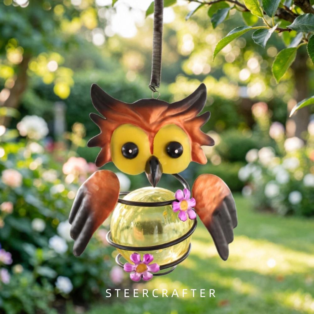 Metal Owl Solar Hanging Lantern With Flower Detail, Collectible Gift For Garden Patio Yard Outdoor T