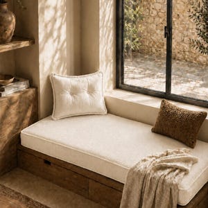May include: A rectangular window seat featuring a thick, off-white cushion, a square tufted off-white pillow, and a smaller rectangular brown textured pillow. A light beige throw blanket with fringe rests on the cushion, which sits atop a wooden base.