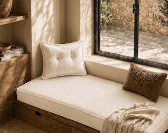 Ivory Beige Linen Floor Cushion, Custom Window Seat Pad, Minimalist Reading Nook Bench Seat