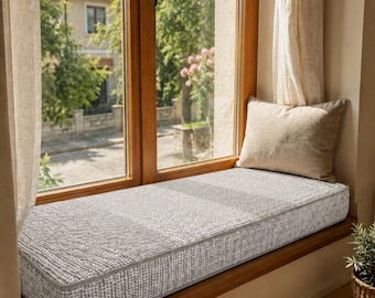Custom Size Light Gray Window Seat Cushion, Striped Bench Pad for Entryway, Luxury Textured Reading Nook Cushion, Indoor Bench Mat Custom