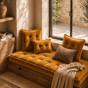 Puede incluir: Un acogedor asiento de ventana con un cojín capitoné amarillo mostaza y almohadas a juego. Una almohada marrón texturizada y una manta beige añaden calidez. El marco de madera tiene almacenamiento incorporado.