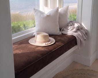 Chocolate Brown Velvet Window Seat Cushion, Custom Bench Pad, Minimalist Reading Nook Cushion, Made to Measure Floor Cushion