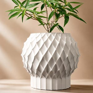 May include: A white plant pot with a textured, geometric diamond-shaped pattern on the exterior and a cylindrical base. A small green plant with slender, pointed leaves is growing out of the top of the white, matte-finished container.