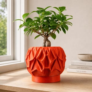 Vaso stampato in 3D con vassoio di drenaggio, vaso per piante grasse geometrico arancione, piccolo vaso per cactus per la casa moderna