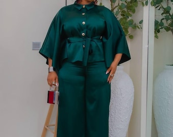 Elegante conjunto de pantalón y falda de satén para mujer, conjunto a juego con mangas de kimono, pantalones de pierna ancha, atuendo modesto para invitada de boda, conjunto chic.