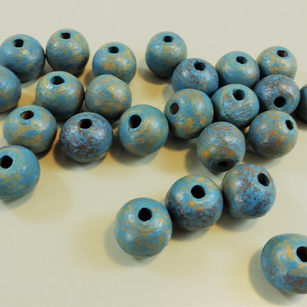 Turquoise and gold speckled round wood beads- 16 mm. 25 pcs.