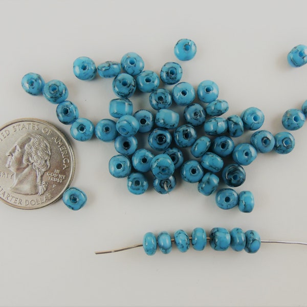 Vintage faux turquoise tiny rondell spacer plastic bead - 1 oz. or about 180 pcs.  4 x 6 mm.