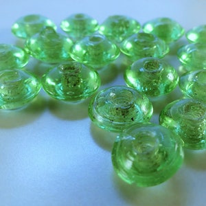 Pale grass green tire/saucer recycled glass bead 38 pcs. about 15 x 7 mm. image 2