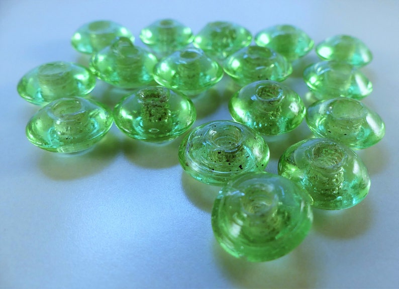 Pale grass green tire/saucer recycled glass bead 38 pcs. about 15 x 7 mm. image 2