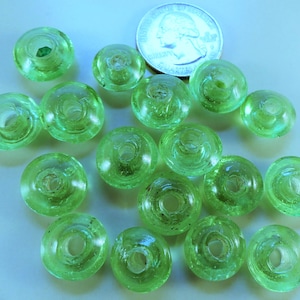 Pale grass green tire/saucer recycled glass bead 38 pcs. about 15 x 7 mm. image 1