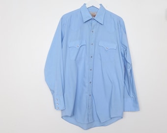 vintage men's WESTERN rodeo SKY blue button down MOTHER of pearl button shirt -- Size Medium