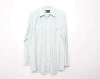 vintage mint blue pinstripe WESTERN wear vintage snap button mid-century rare men's western shirt -- size large/xl