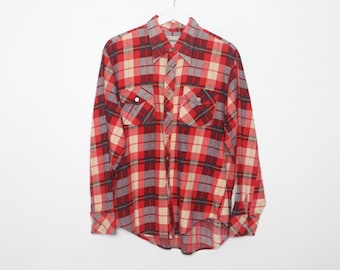 vintage FLANNEL shirt RED, blue and cream 1960s 70s men's oversize flannel soft perfectly worn in TWIN peaks flannel Seattle button up