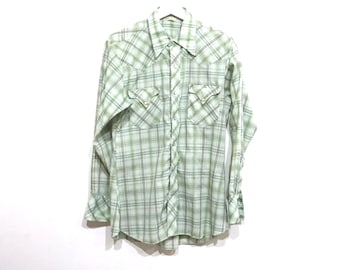 vintage men's mid-century JOHNNY CASH long sleeve PLAID rodeo cowboy Austin wrangler western snap button shirt - Size Large - Free Shipping