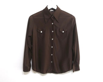 vintage SHEER slick DISCO brown BIG ole collar vintage 1960s san francisco shirt -- women's size medium