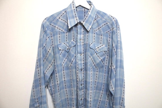 vintage 1970s men's WESTERN shirt plaid BLUES con… - image 2