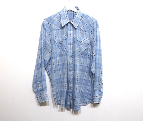 vintage 1970s men's WESTERN shirt plaid BLUES con… - image 1